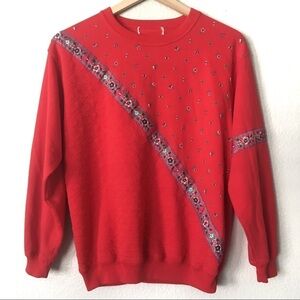 Vintage Red Textured Floral Sweater Grandmacore Embroidered 90s Blast Blues